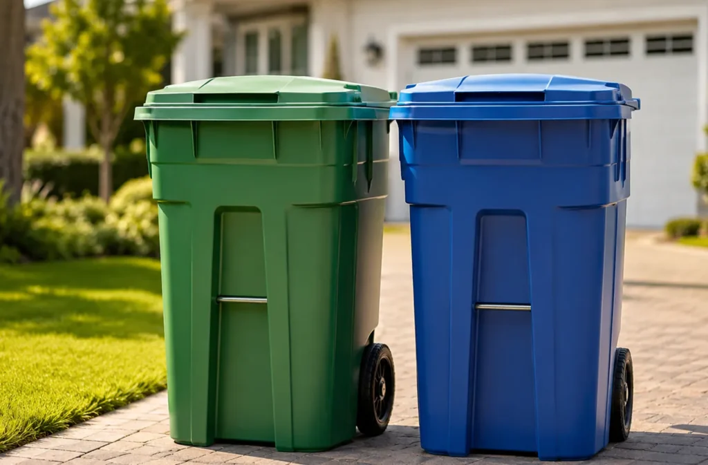 freshly cleaned trash bins on curb