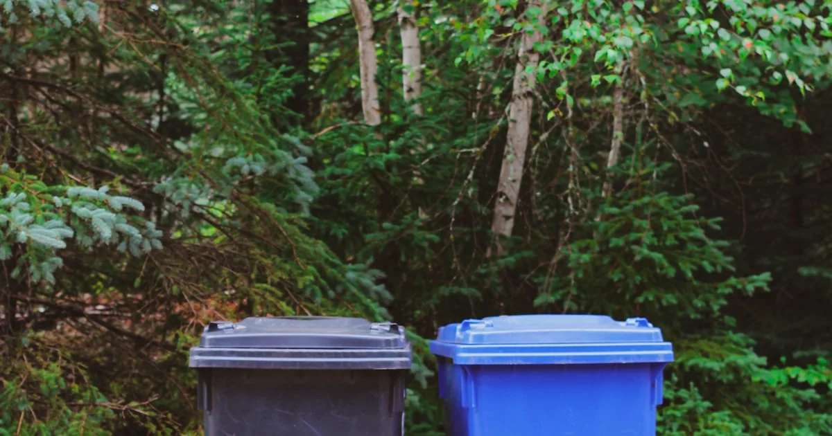 Green outdoor trash can positioned beside a wooden fence, showing an empty bin that still carries lingering odor from residue on the interior walls.