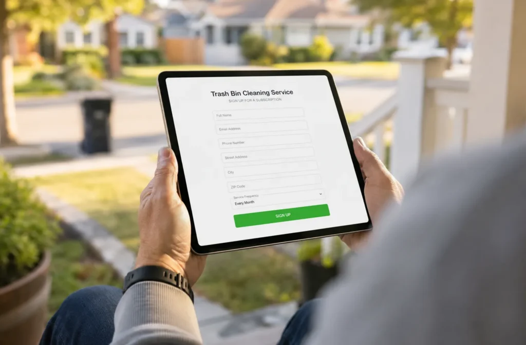 person sitting on porch ordering trash bin cleaning