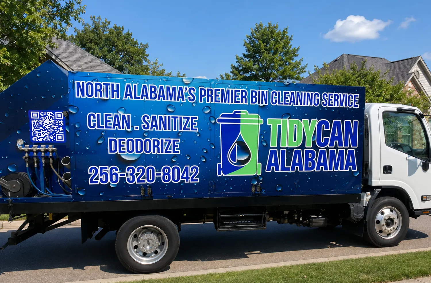 TidyCan Alabama bin cleaning truck parked on a North Alabama neighborhood street, wrapped with Clean, Sanitize, Deodorize