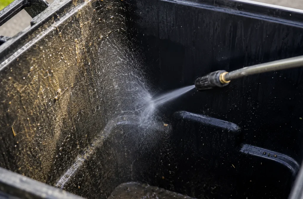 view inside trash bin as its being cleaned