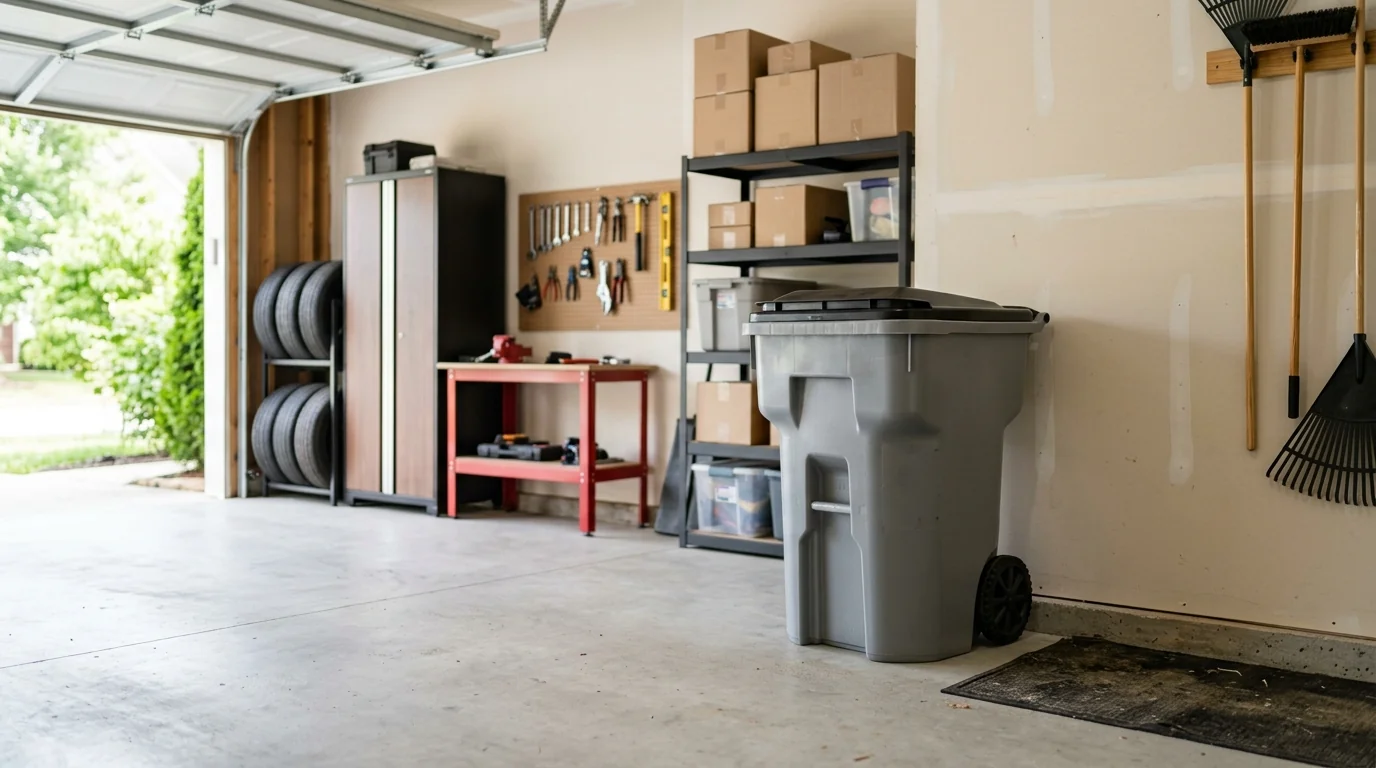 A wheeled residential garbage cart parked inside a North Alabama garage