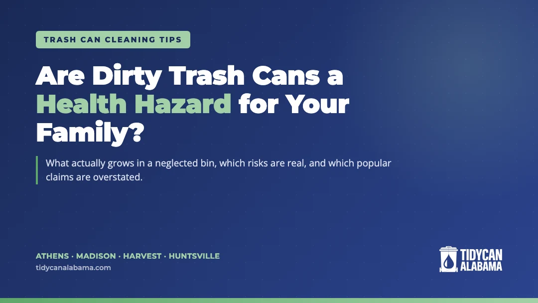 TidyCan Alabama article card reading Are Dirty Trash Cans a Health Hazard for Your Family, over the TidyCan navy brand background